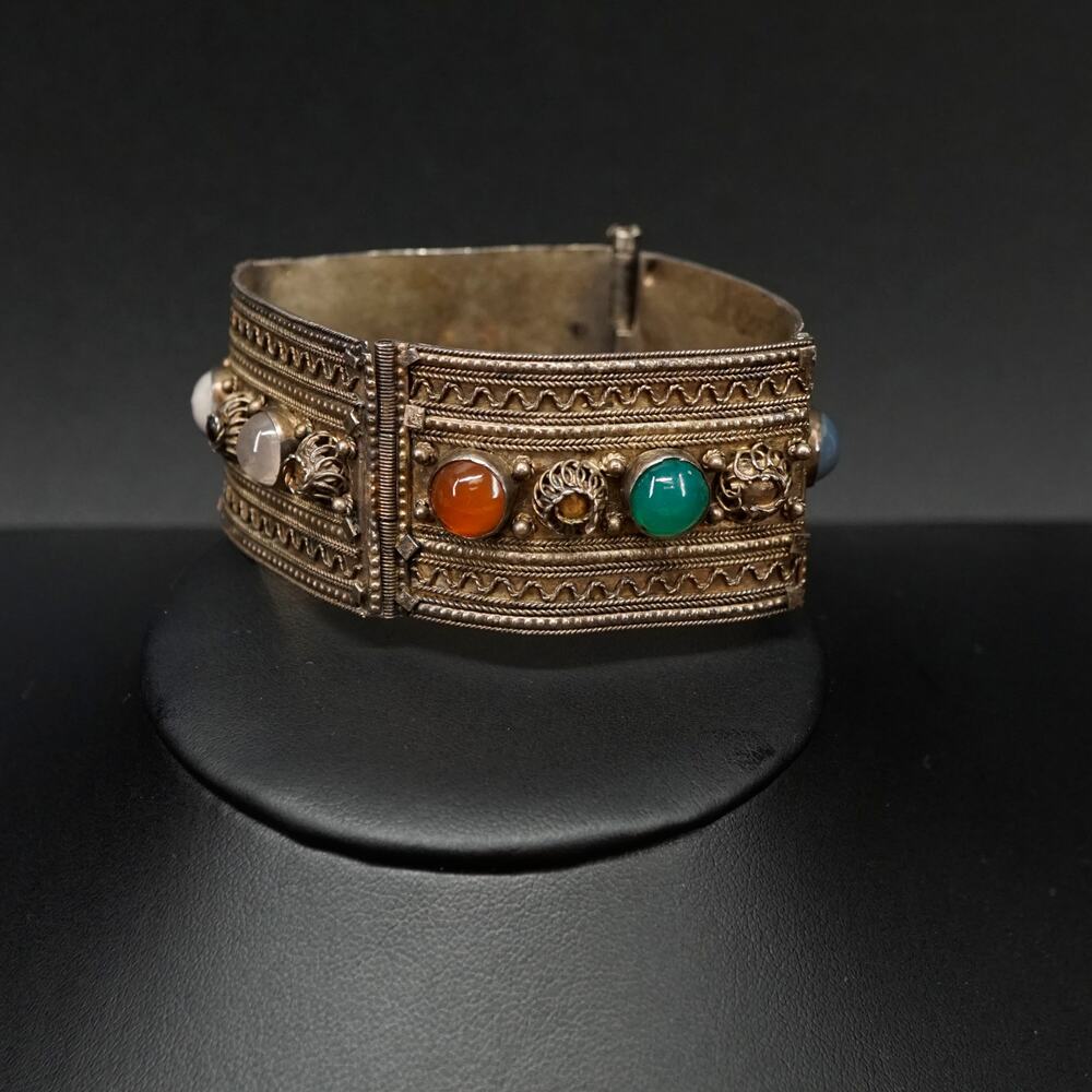 Vintage Boho Wide Cuff Bracelet Filigree Multicolor Cabochons 6.5 European